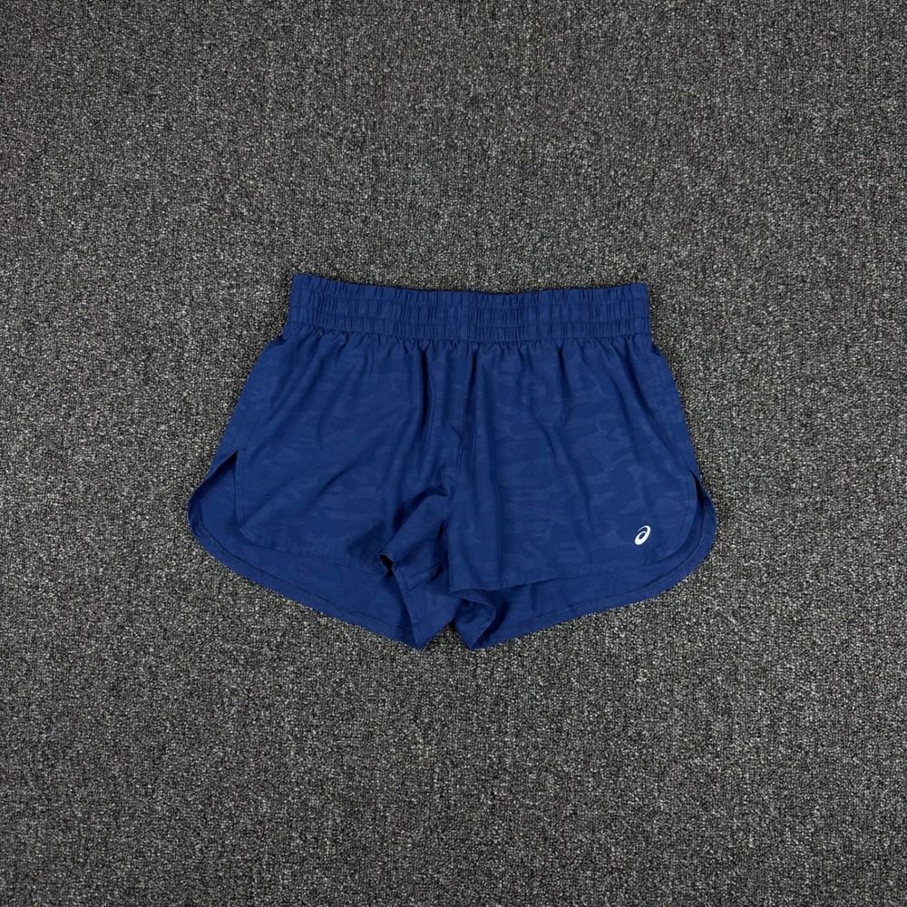Asics Womens running shorts medium blue camo 2 in 1 lined athletic drawstring